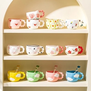 Cute Ceramic Mugs Cloud Heart Pattern Coffee Cups Flower Mi