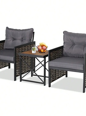 3PCS Rattan Furniture Set Acacia Wood Coffee Table & 2 Chai