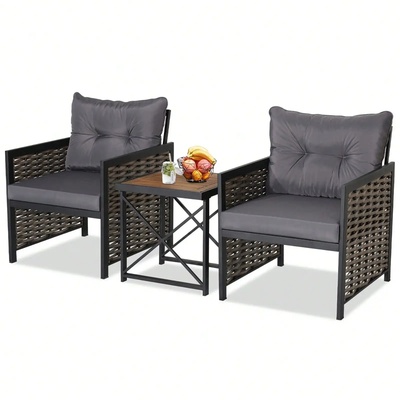 3PCS Rattan Furniture Set Acacia Wood Coffee Table & 2 Chai
