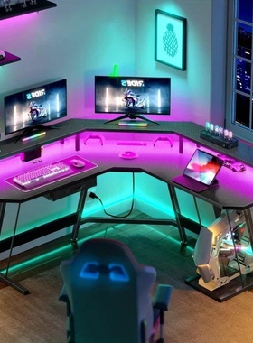 Gaming Desk Corner Table Computer Desk with RGB Light  Powe