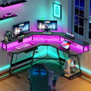 Gaming Desk Corner Table Computer Desk with RGB Light  Powe