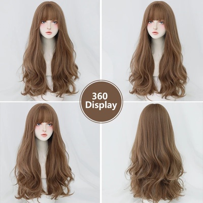 7JHH WIGS Honey Brown Wigs with Neat Bangs High Density Syn