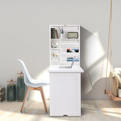 Compact Wood Wall Mounted Folding Desk Cabinet Convertible