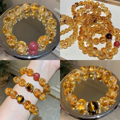 Natural Yellow Rutilated Citrine Tiger Eye Crystal Bracelet
