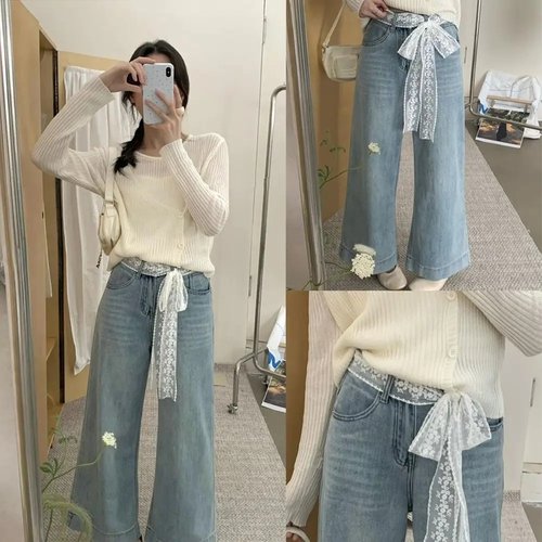 Unique Y2k Long Lace Waistband Floral Bow Lace Waist Belt T