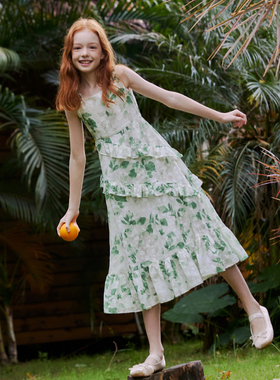 mpeng女童绿色碎花吊带连衣裙法式小众高级感度假风气质公主仙女