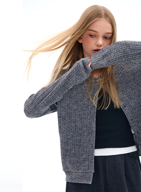 mpeng大童小个子女生入秋百搭灰色细绞花羊毛开衫毛衣高级灰