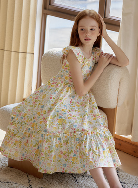 mpeng女童夏新款纯棉淡黄色系碎花连衣裙洋气可爱甜美女孩