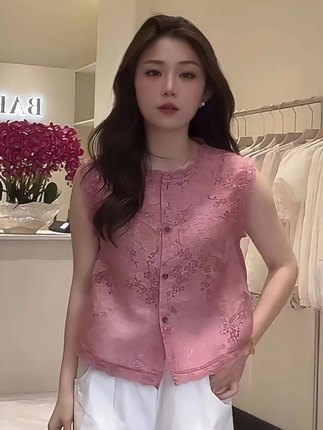 法式气质设计感刺绣蕾丝提花无袖衬衫女夏季减龄显瘦别致背心小衫