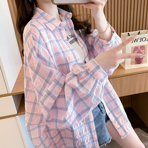十三行法式小个子单排扣格子防晒衬衫上衣女夏宽松休闲减龄衬衣