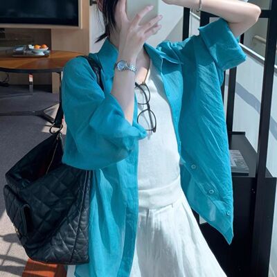 2026新款薄款长袖休闲夏季洋气上衣蓝色亚麻防晒衬衣衬衫宽松外套