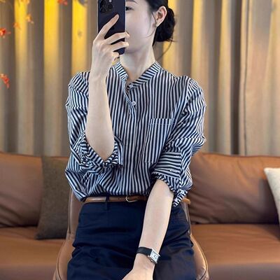 欧货高端大牌时髦经典撞色条纹长袖衬衫洋气漂亮小衫上衣2026秋季