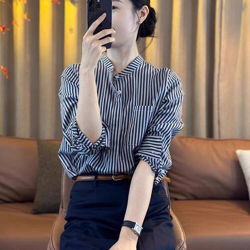 欧货高端大牌时髦经典撞色条纹长袖衬衫洋气漂亮小衫上衣2026秋季