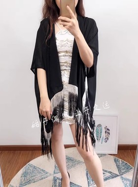 秀场主打 南法风情 2025夏季新款黑色雪纺纱流苏罩衫防Shai披肩女