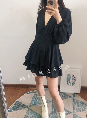 2025春季新款黑色暗格纹长袖系腰带收腰显瘦高腰连体短裤连衣裤女