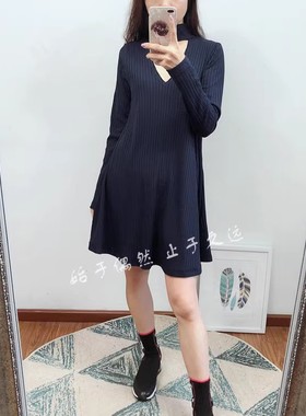 精致锁骨视框2025春季新款女装深蓝色弹力螺纹针织长袖连衣裙短裙