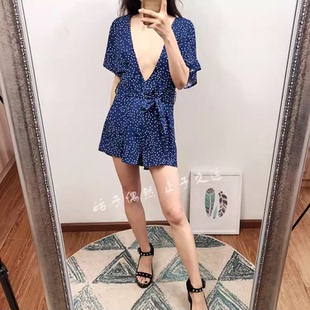 2026夏季新款女装大深V领休闲系带收腰款小波点小众短袖连体短裤