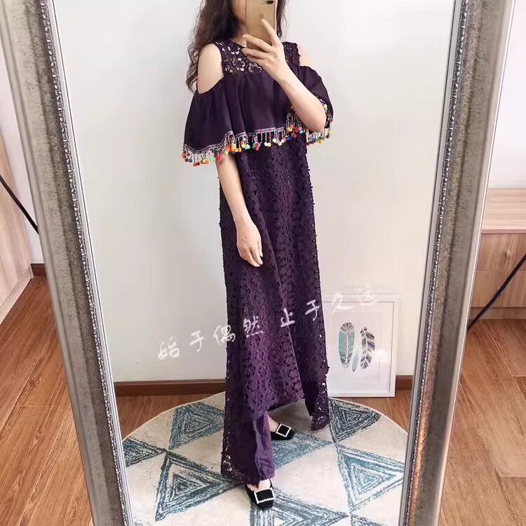 2025新款民族风创新 小众设计先锋 彩色小球球流苏长款蕾丝连衣裙