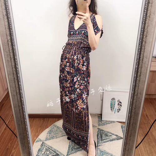 【618回馈】秀款~现代建筑美学 夏季复古印花抽绳系带长款连衣裙