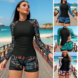 欧美外贸泳装竞速潜水服长袖印花双层裤头女分体坦基尼泳衣女