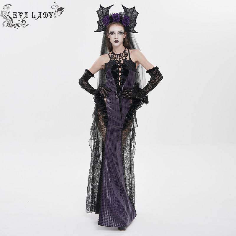 EVA LADY恶魔时尚女装哥特朋克暗黑蝙蝠袖黑纱吊带长裙 ESKT083