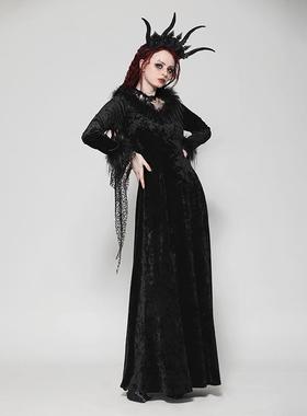 Dark in Love个性原创欧美哥特暗黑丝绒哥特V领长裙DW1019