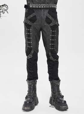 DevilFashion哥特风黑色绑带装饰皮裤PT286