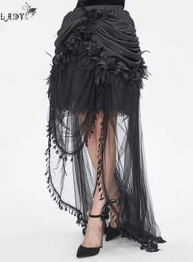 DevilFashion哥特风蕾丝暗纹开衩长裙SKT23603