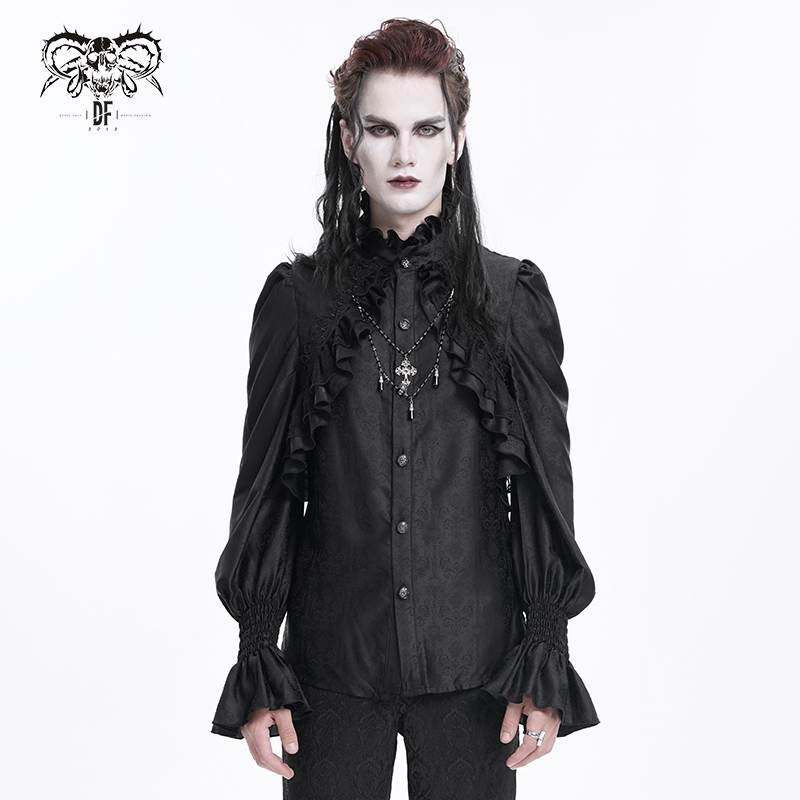 Devil Fashion恶魔时尚哥特暗黑男装木耳边拼接立领衬衣SHT12401