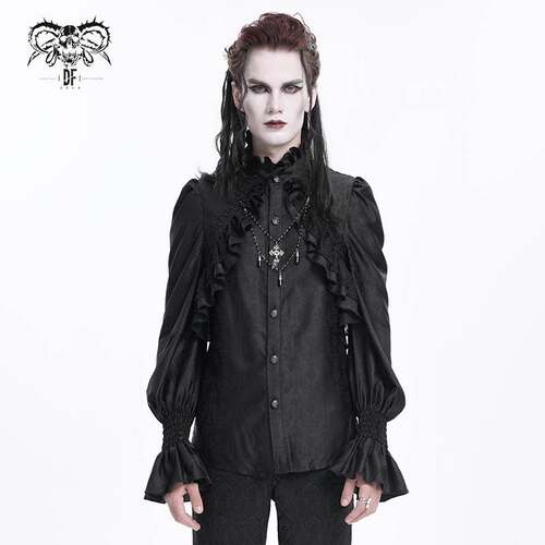 Devil Fashion恶魔时尚哥特暗黑男装木耳边拼接立领衬衣SHT12401