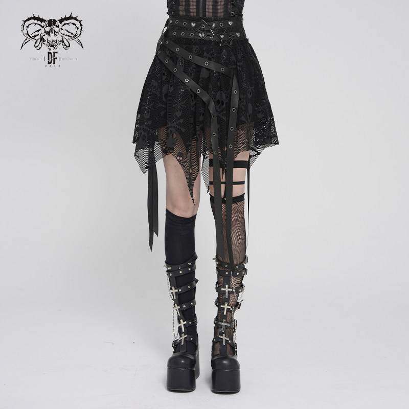 Devil Fashion恶魔时尚哥特暗黑女装骷髅不规则蕾丝短裙SKT25801