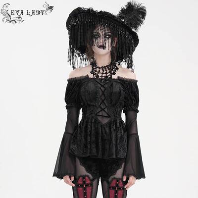 Devil Fashion恶魔时尚女装哥特压花绒料一字肩长袖摆女T恤ETT038