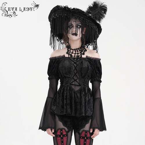 Devil Fashion恶魔时尚女装哥特压花绒料一字肩长袖摆女T恤ETT038