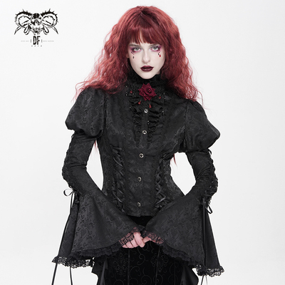 DevilFashion哥特风黑色暗纹收腰姬袖衬衫SHT14201