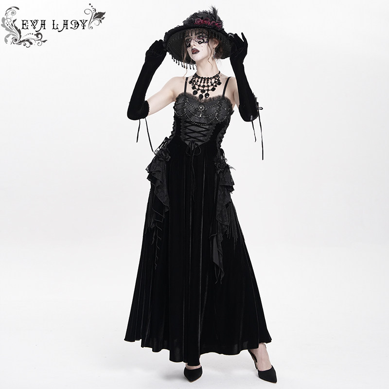 Devil Fashion恶魔时尚女装哥特 黑色吊带连衣裙长裙ESKT064