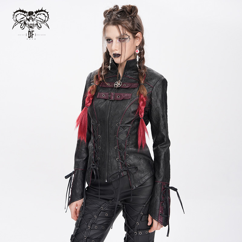 DevilFashion哥特风黑色拼接绑带皮衣外套CT26301