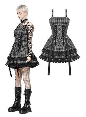 DARK IN LOVE哥特女装  朋克灰色格子金属镶嵌连衣裙 DW1051