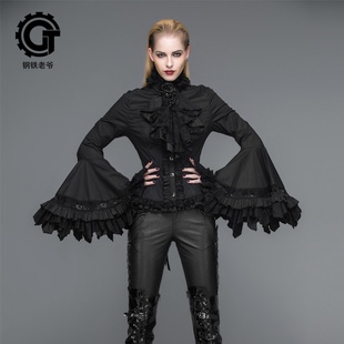 哥特风女装春秋季新款衬衣欧美宫廷气质喇叭袖韩版衬衫配领花上衣