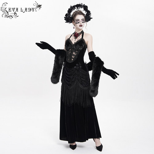 Devil Fashion恶魔时尚女装哥特 V领连衣裙挂脖长裙 ESKT06501