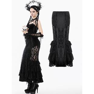 DARK IN LOVE哥特女装天鹅绒美人鱼裙带荷叶边包臀裙 KW418