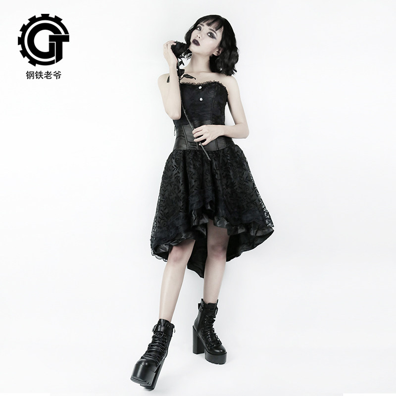 铁老爷朋克暗黑系女装抹胸塑身上衣带搭配网纱裙子两件套连衣裙15