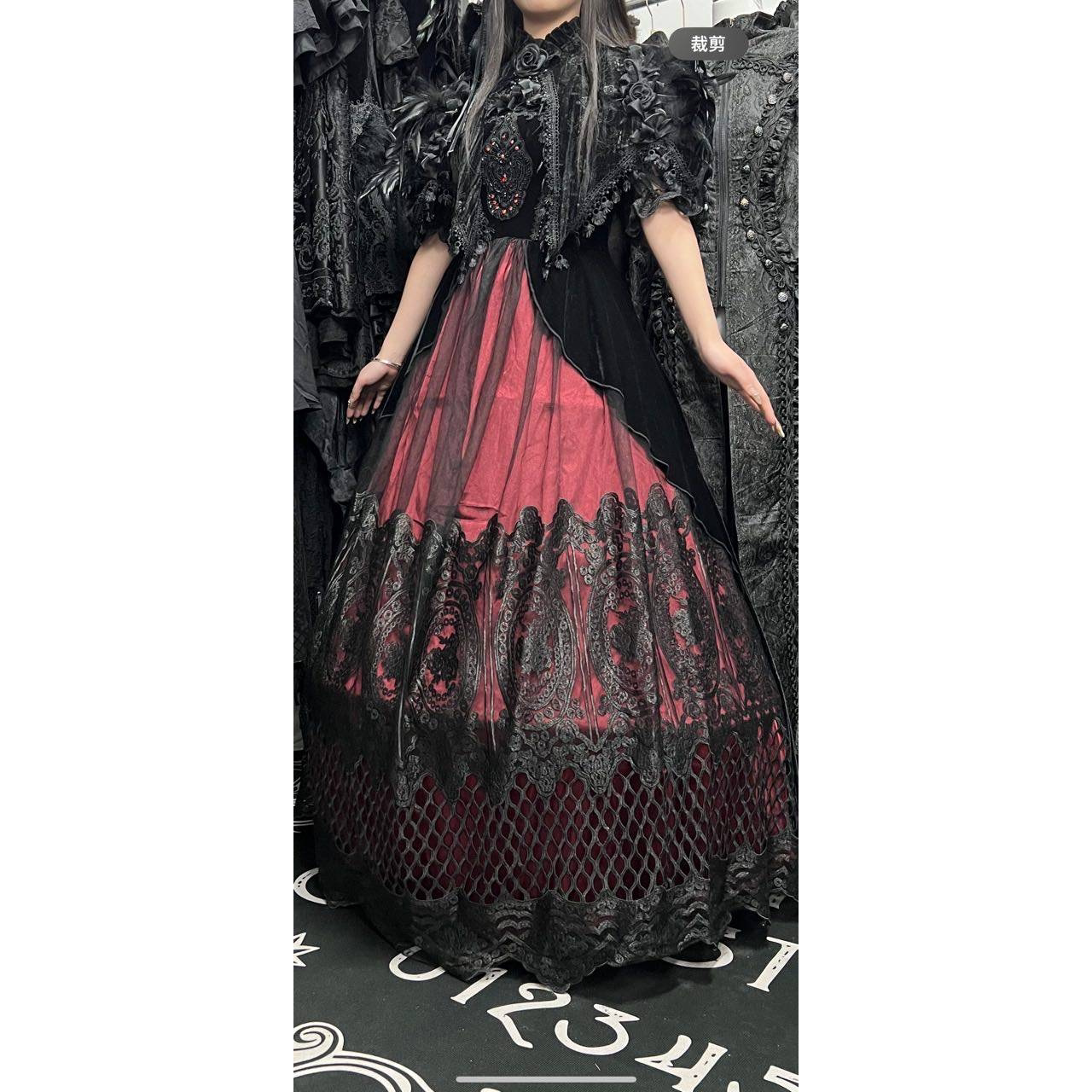 哥特风华丽连衣裙女短袖吊带蕾丝刺绣长裙暗黑礼服