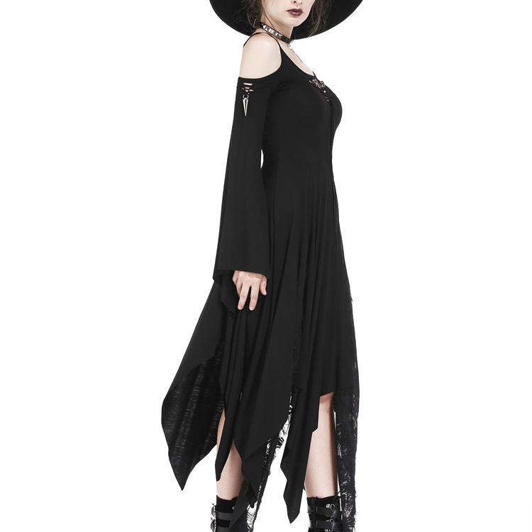 哥特女装不规则下摆钩绳设计针织长款连衣裙 DW185