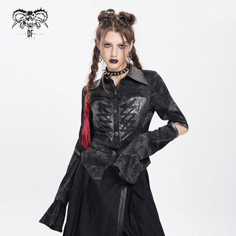 DevilFashion哥特风黑色暗纹拼接皮质衬衫SHT143