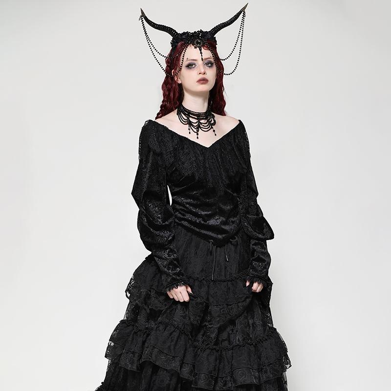 Dark in Love个性原创欧美哥特黑色维多利亚提花绒上衣TW609