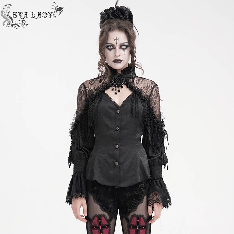 Devil Fashion恶魔时尚女装 哥特花纹色丁V领衬衫 ESHT016