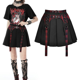 哥特女装黑暗黑红朋克摇滚双扣百褶裙KW239