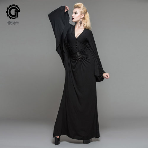 钢铁老爷大V领宫廷哥特GOTHIC贵族连衣裙女修身显瘦长款高腰长裙