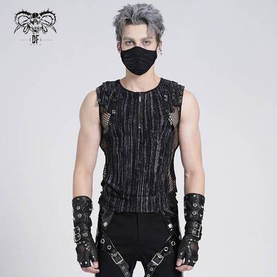 Devil Fashion恶魔时尚哥特暗黑男装拼接网纱背心无袖T恤TT293