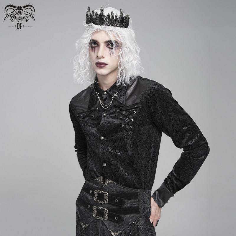 Devil fashion 暗黑哥特风压花丝绒链条黑色长袖衬衫上衣男SHT149